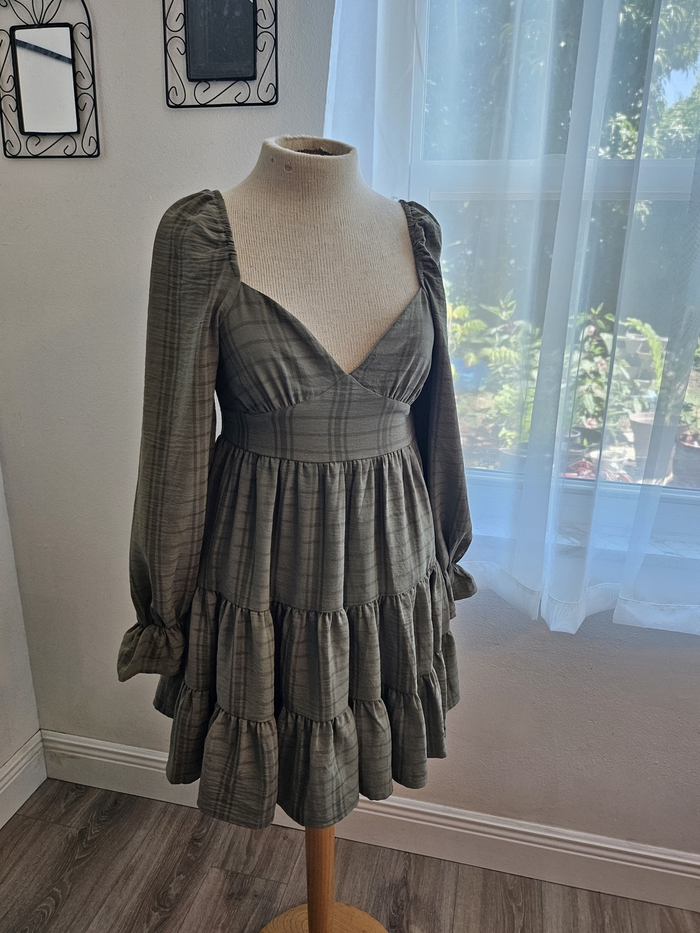 Olive Tiered Long-Sleeve Plaid Mini Dress , Whimsigoth, Dark Academia Autum